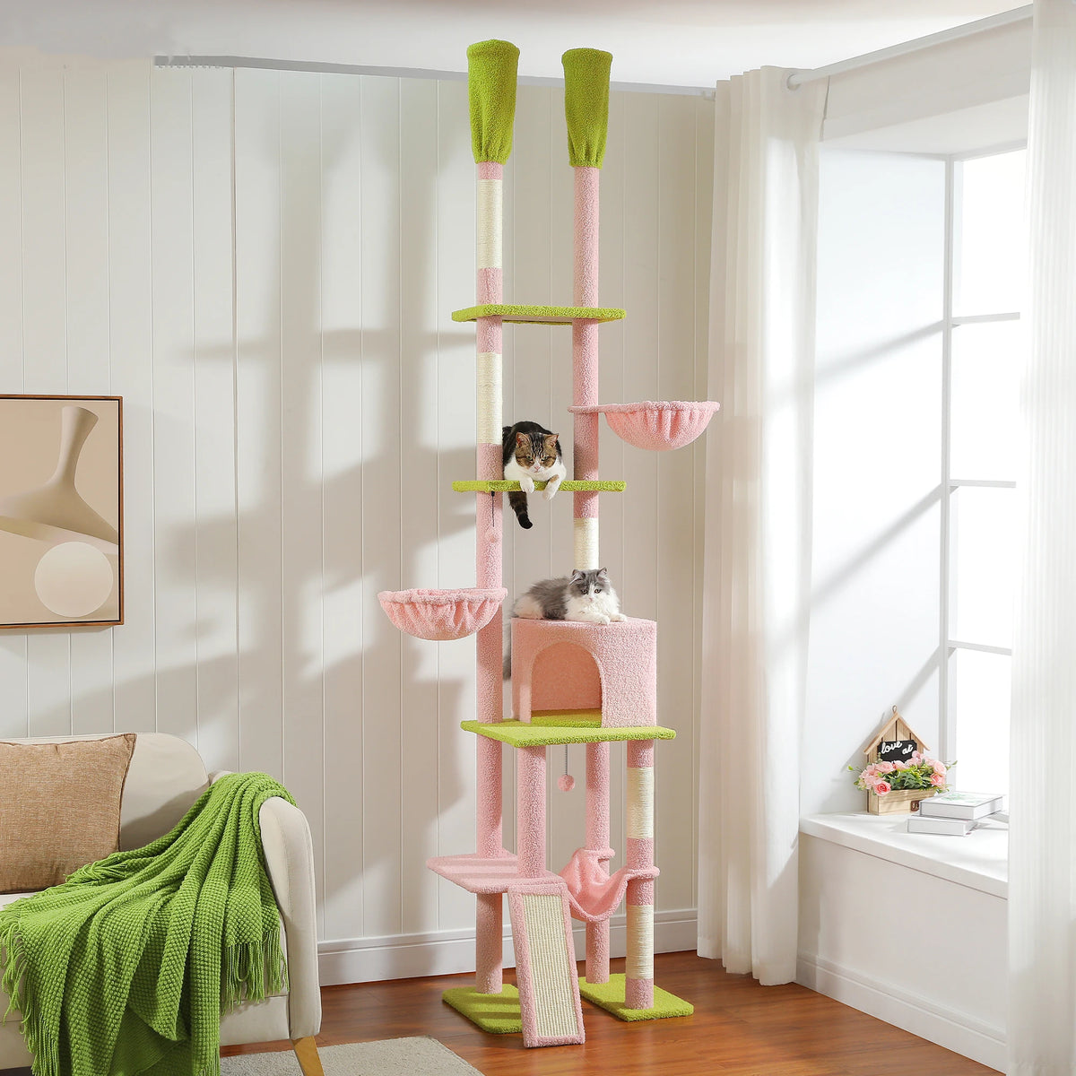 Floor to Ceiling Cat Tree for Indoor, Adjustable Height Tall Cat Tower with Sisal Scratching Post, Cozy Condo Hammock, Cat Toys