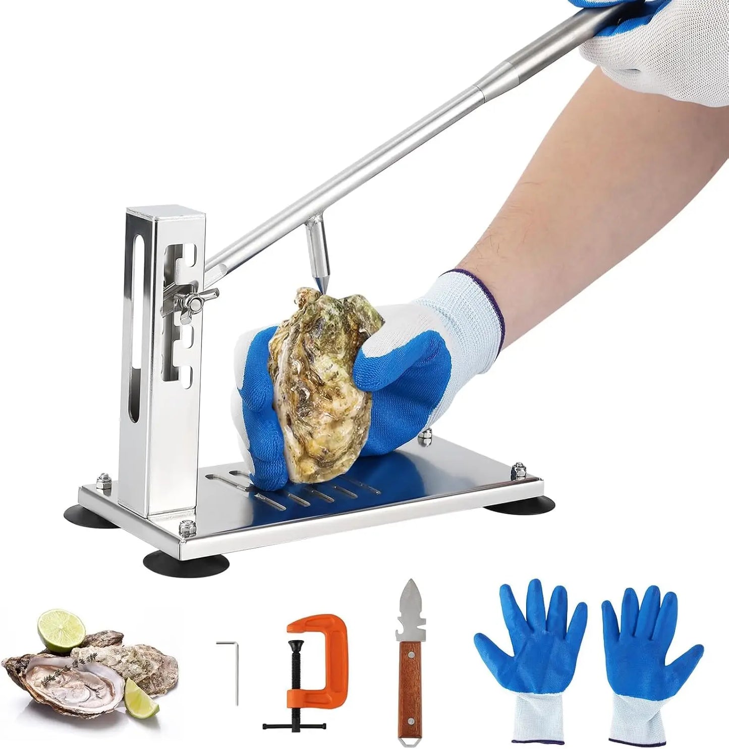 Adjustable Oyster & Clam Opening Tool Set, 4-Level Height Adjustment with Stainless Steel Base, Suction Cups, G-Clamp