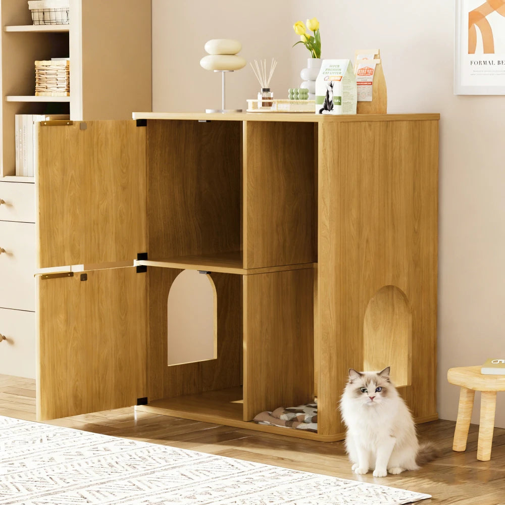 Light Wood Cat Litter Cabinet Cat Tree Grooved Concealed Litter Featuring Dual Cat Doors Storage Shelves Versatile Pet Cabinet