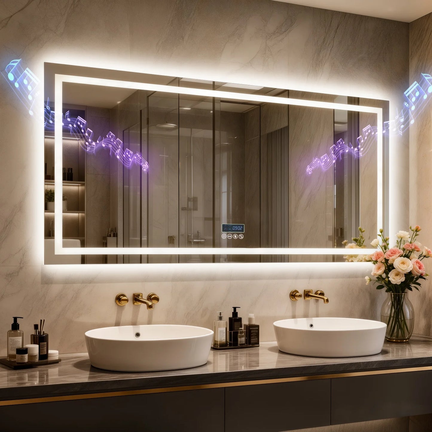 Bluetooth LED Bathroom Mirror With Dual Speakers Antifog Backlight Dimmable