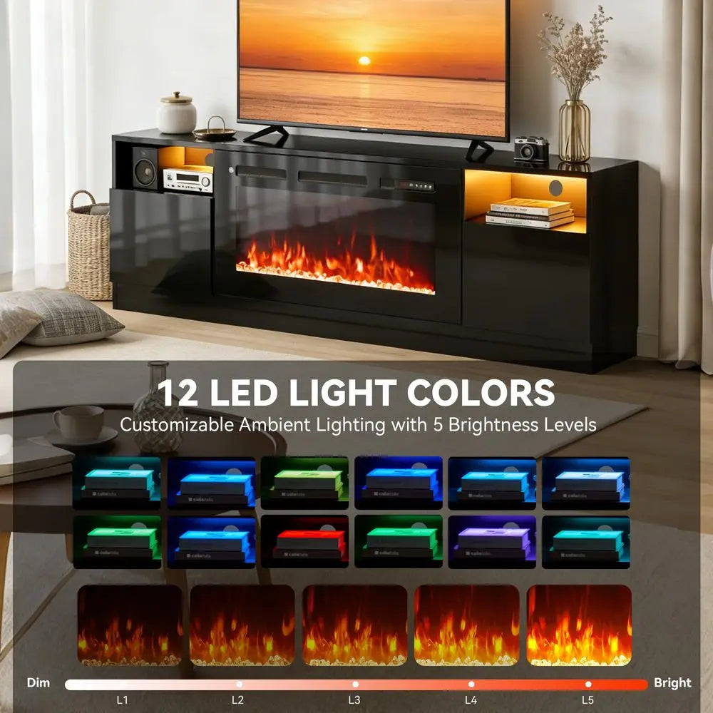 Fireplace TV Stand with 36 Electric Fireplace, LED Light Entertainment Center for TVs Up to 80, HighGloss Door, Modern TV Conso