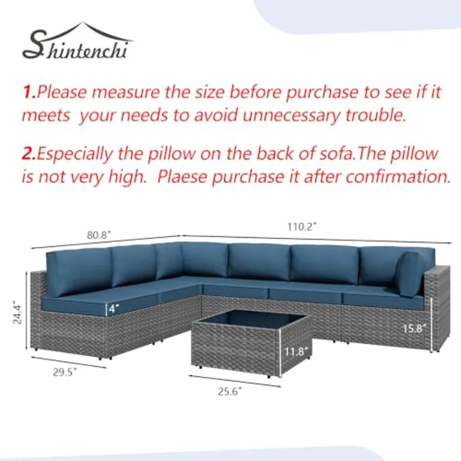 Outdoor patio furniture sets: gray PE wicker modular sectional sofa with washable cushions, Aegean blue accents, weather-resist