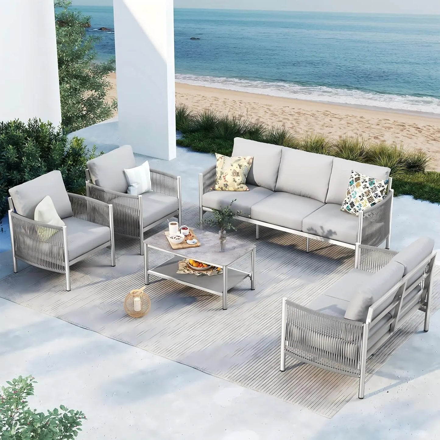 Aluminum Outdoor Patio Furniture Set With Dual Layer Coffee Table