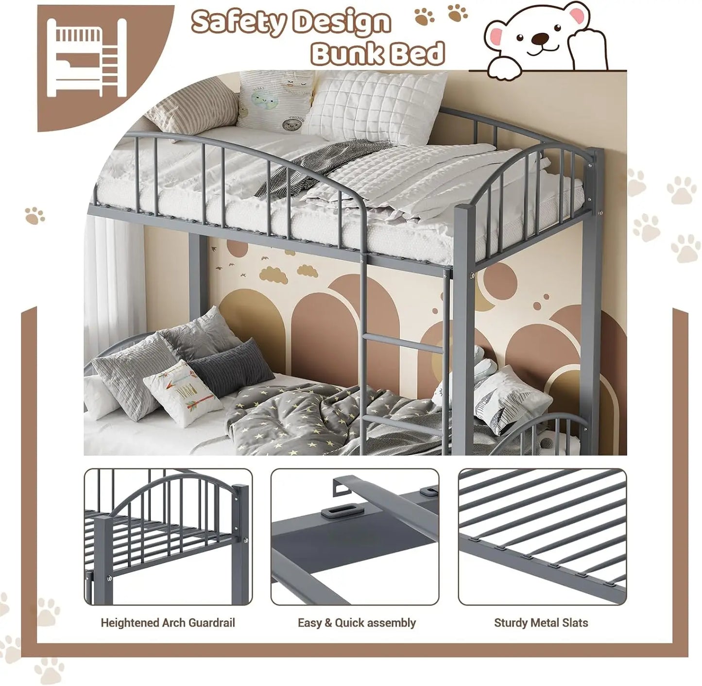 HiMISS Twin Over Twin Metal Bunk Bed With Guard Rails