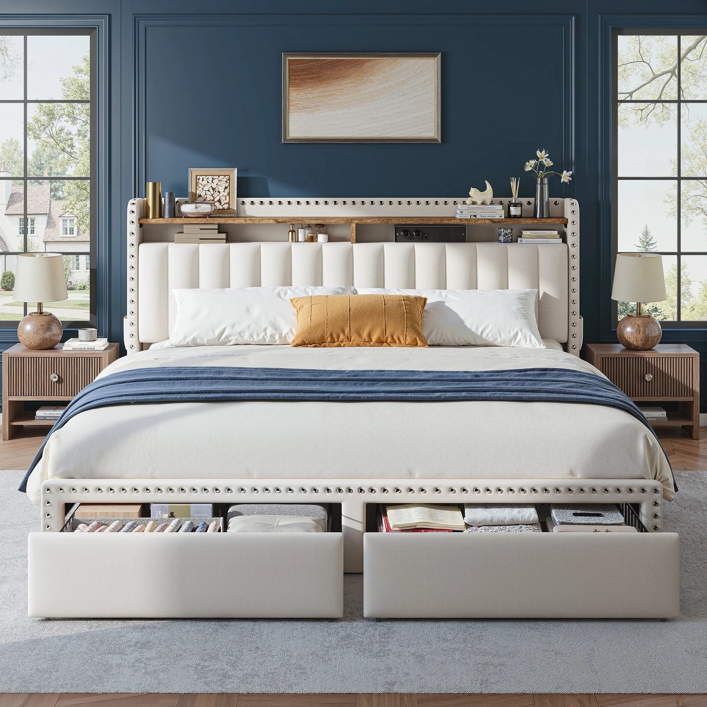 Upholstered Platform Bed Frame With Storage Headboard And Drawers