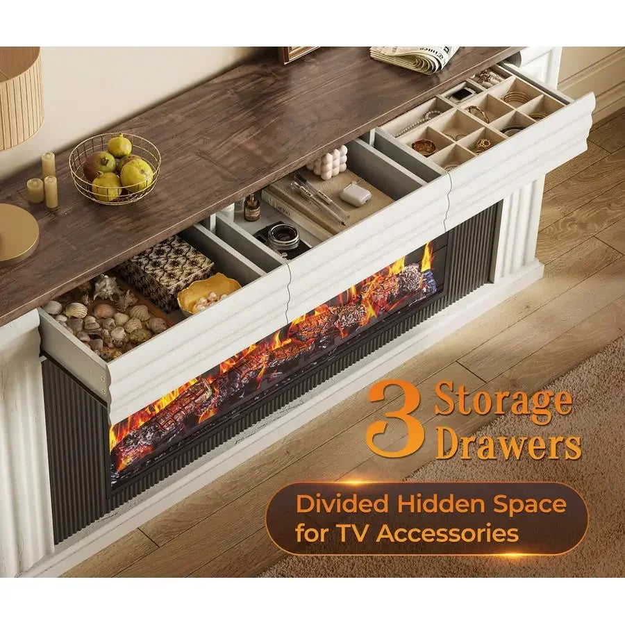 70 Fireplace TV Stand with 42 Electric Fireplace, Farmhouse TV Stand for 65 75 Inch TV, Entertainment Center TV Console with 3