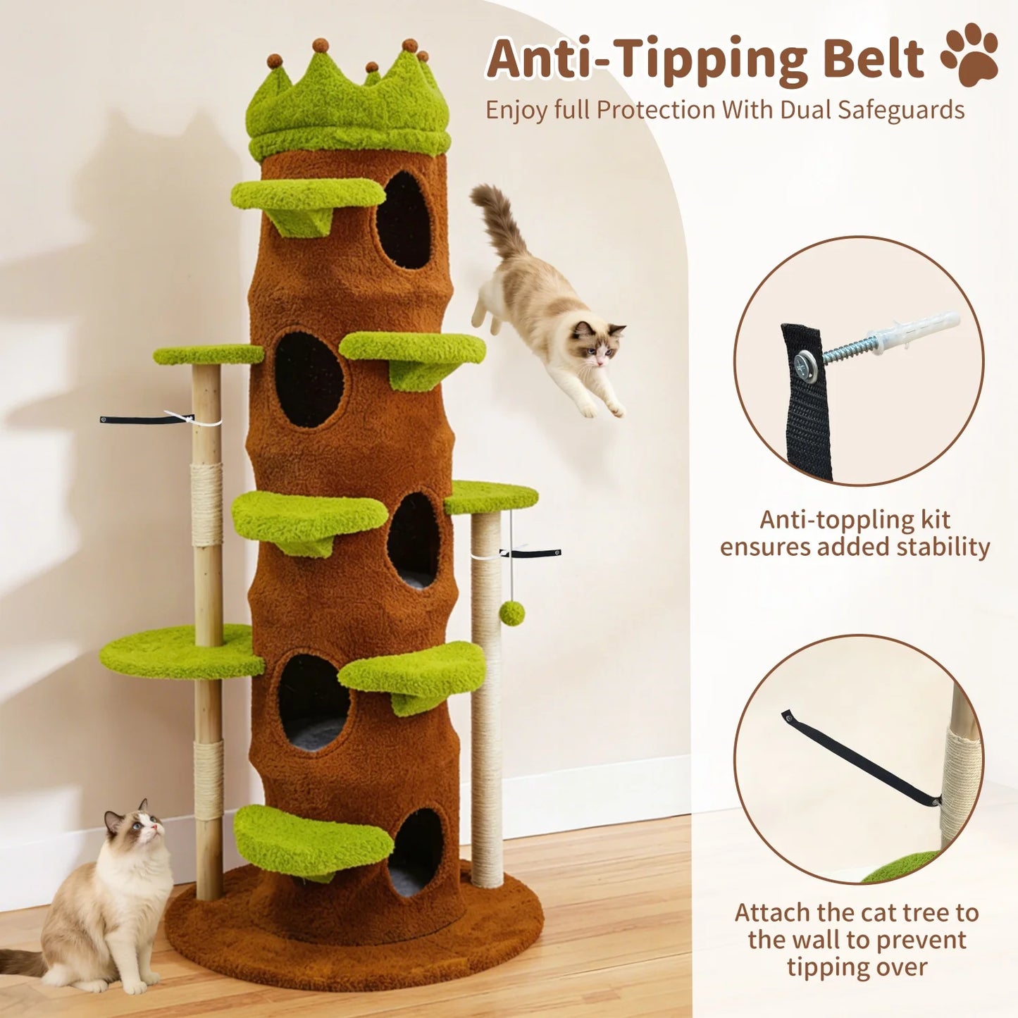 Wooden Cat Tree Tower With Crown Perch Plush Steps Cats