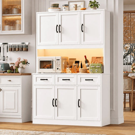72" Tall Kitchen Pantry Storage Cabinet with RGB LED, Hutch Cabinet with Charging Station and Adjustable Shelves for Dining Room, White