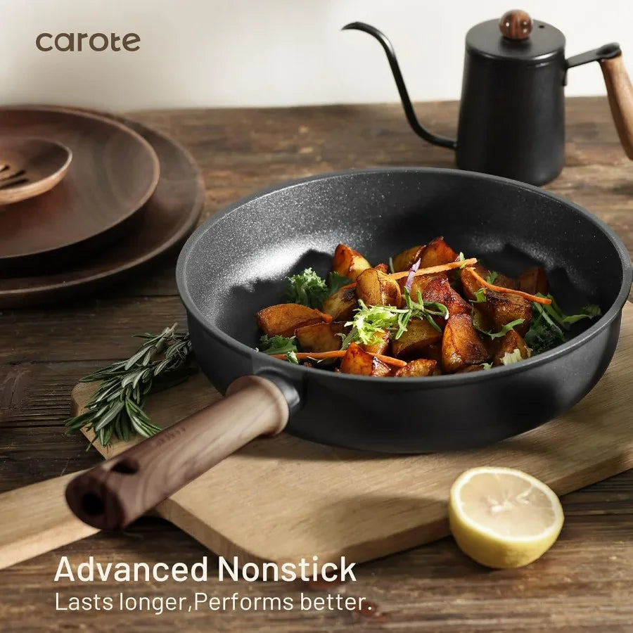 Nonstick Pots and Pans, Induction Cookware Set Kitchen Cooking Sets, Non Stick w/Frying Pan (PFOS, PFOA Free), Black, 16pcs