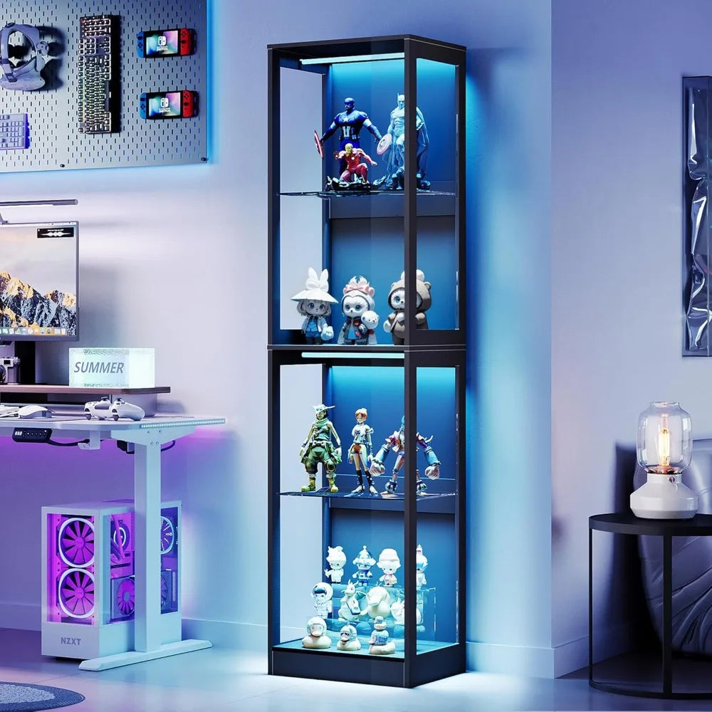 RGB Display Cabinet with Adjustable Glass Shelves, 4-Tier Storage Case with LED Lights, Modern Display Shelf for Collection
