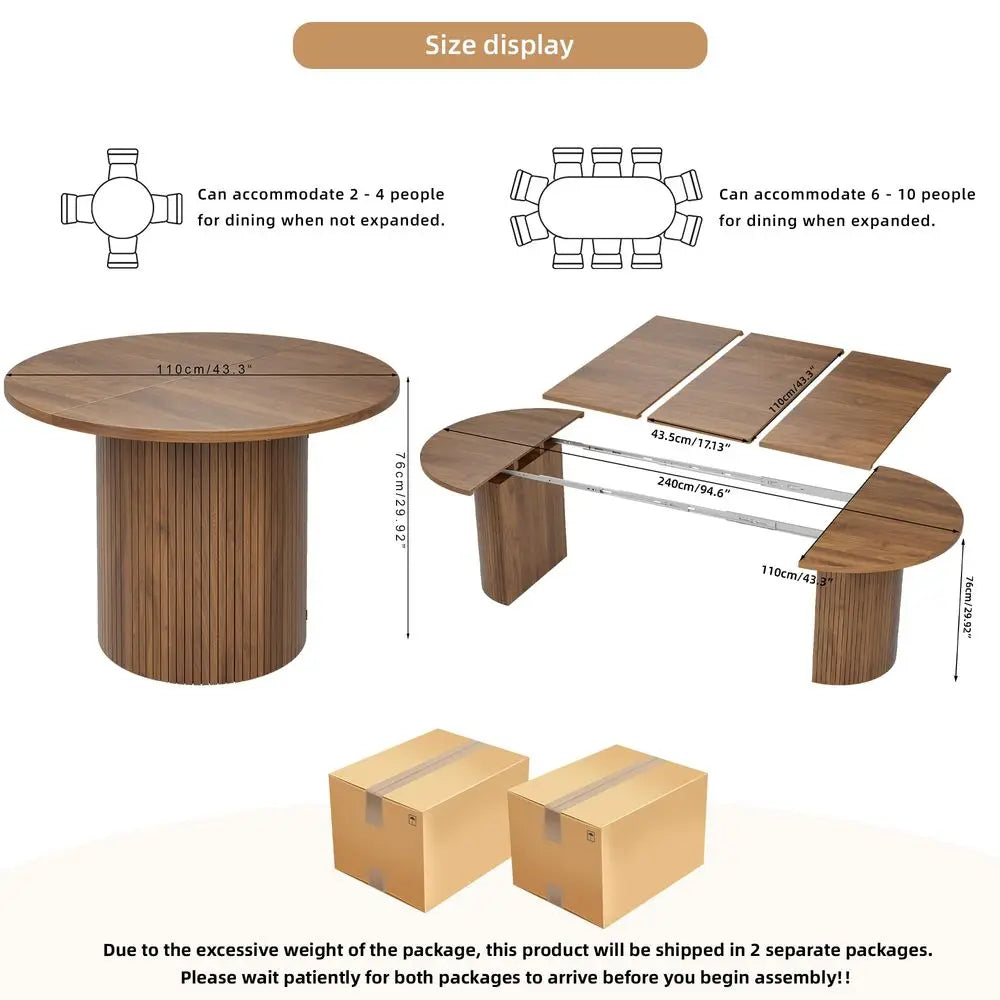 Inch Long Round Extendable Dining Table for 410, Space Saving Oval Large Dinner Kitchen Table with 3 Leaf, 2 Storage, Fluted Mi