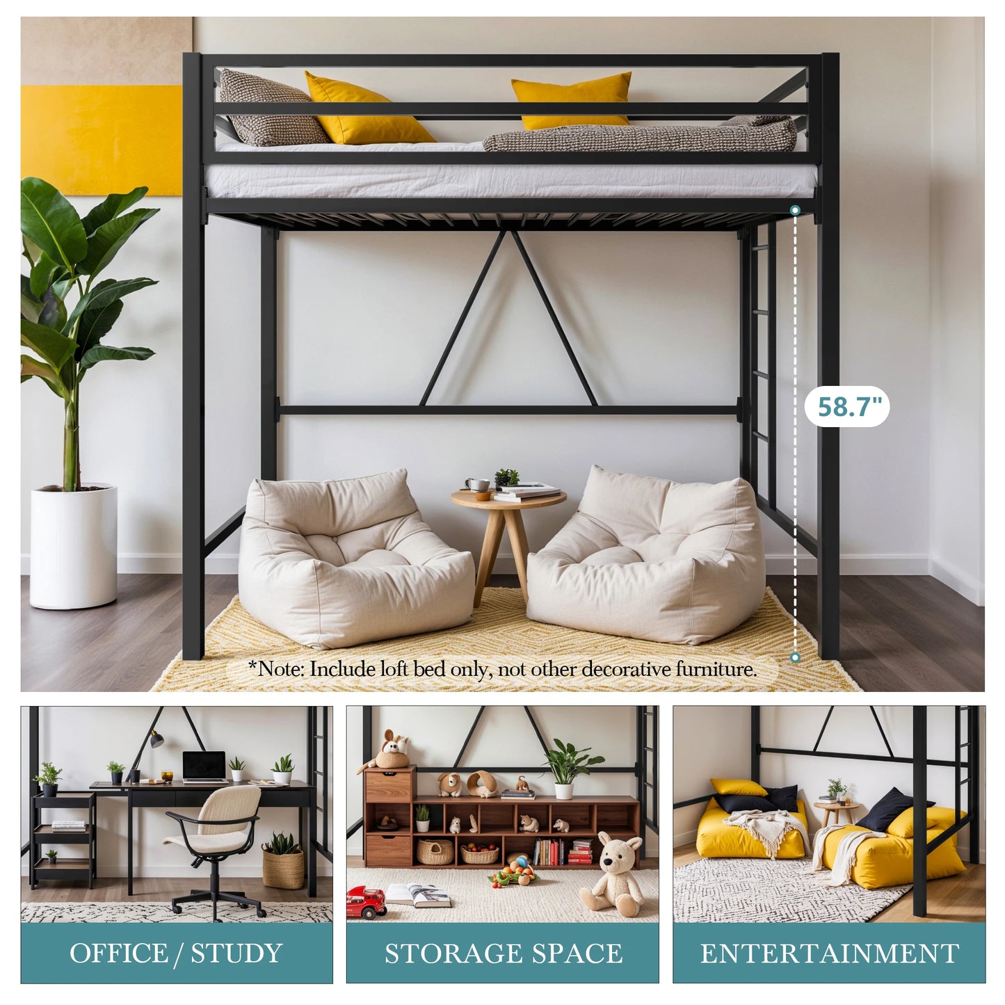HOOMIC Metal Loft Bed Frame With Guardrail And Removable Ladder