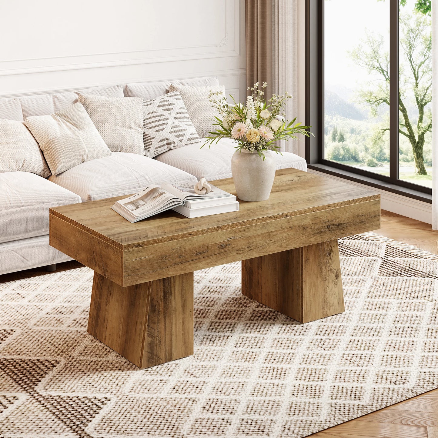Tribesigns Vintage Coffee Table, 120cm Wooden Accent Center Tables with Thick Base, Modern Low Cocktail Tea Furniture for