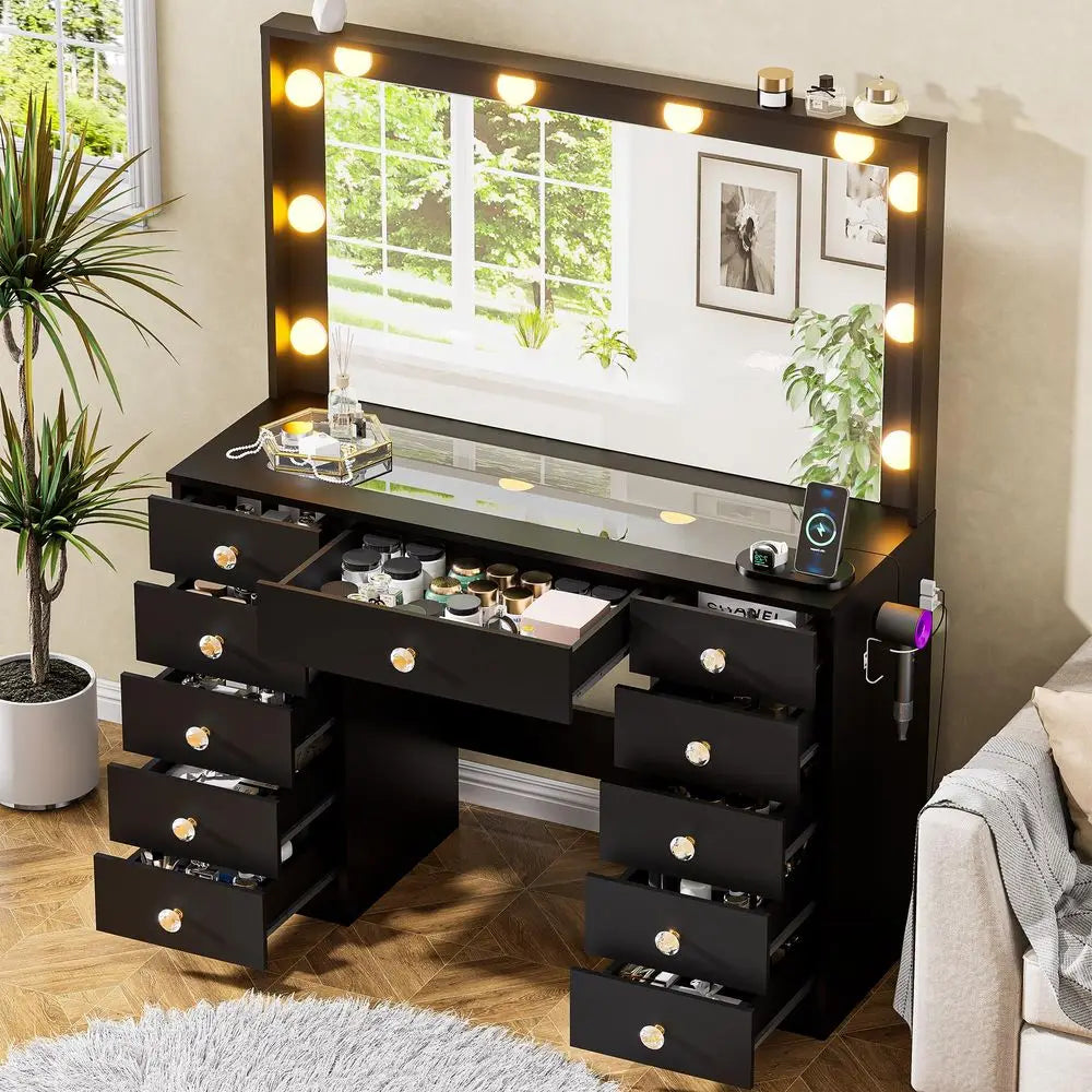 42.1 Vanity with Large Mirror and 10 LED Lights, Vanity Desk with Glasstop, 11 Drawers with Crystal Handles, Dressing Table wit