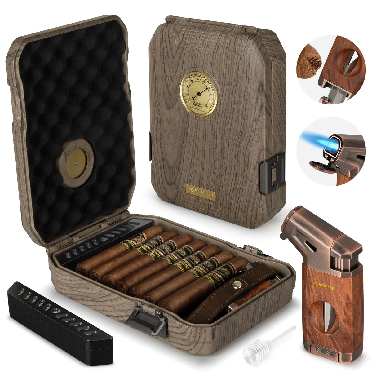 AWOTE Portable Cigar Humidor Set With Lighter Cutter And Hygrometer