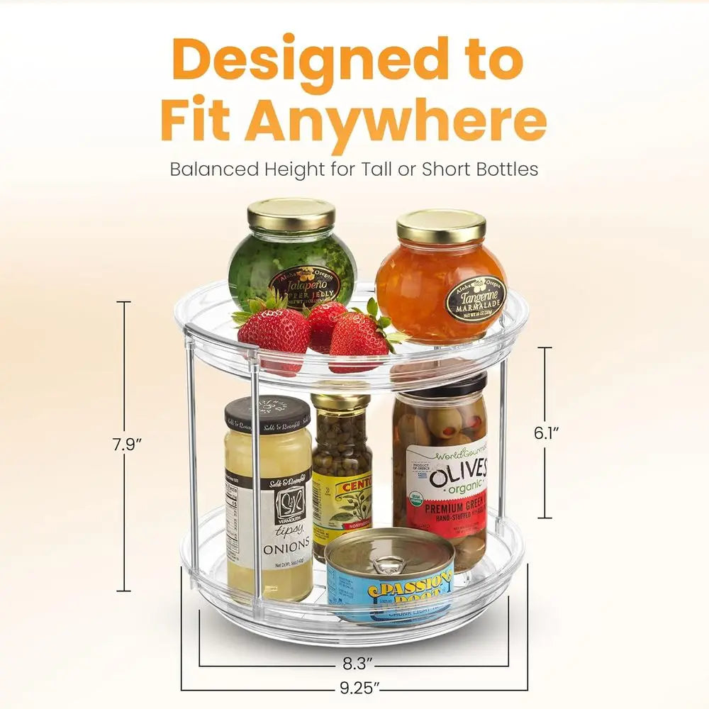 2 Tier Lazy Susan Organizer or Cabinet, Clear Acrylic Rotating Spice Rack Turntable for Kitchen, Pantry, Countertop, Bathroom, V