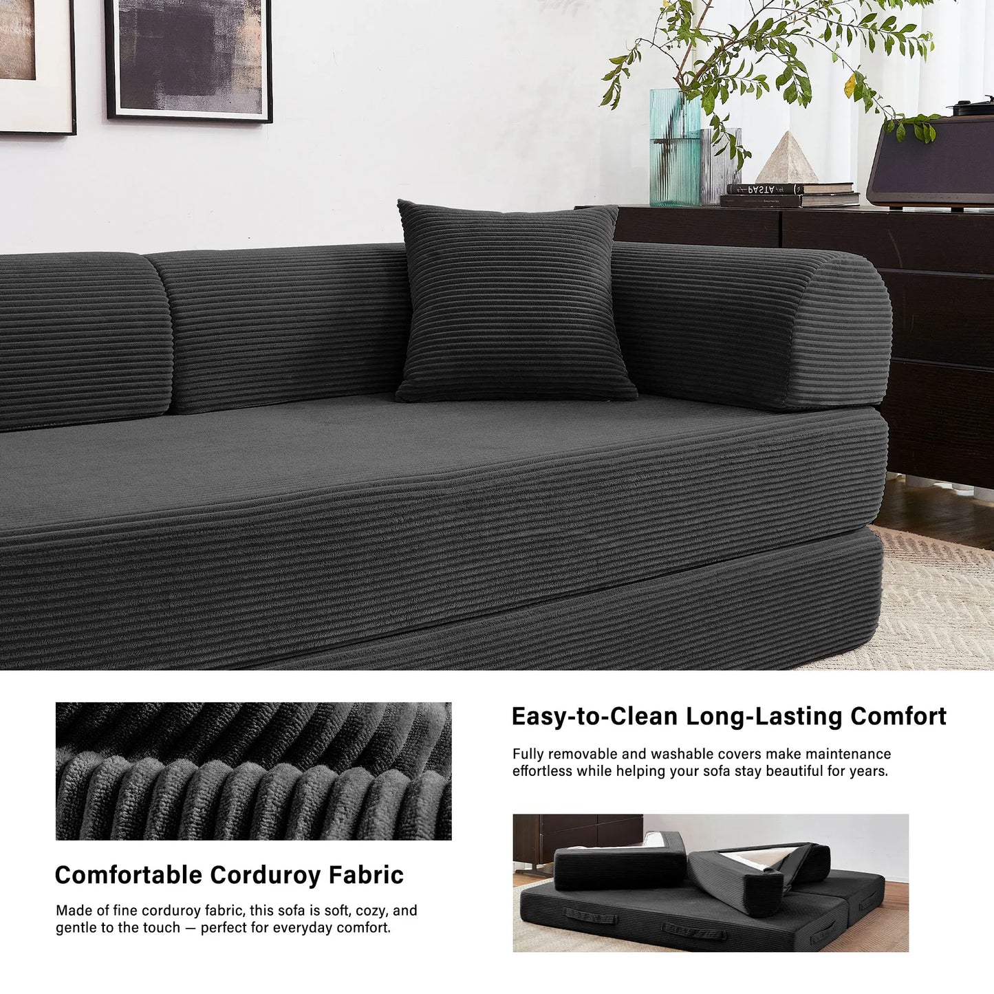 Convertible Futon Sofa Bed Foldable Couch With L Shaped Arms
