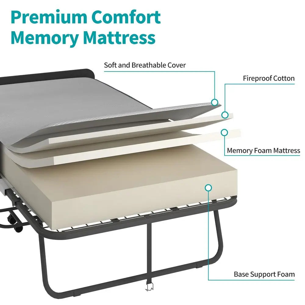 Rollaway Bed with Mattress for Adults, 75 x 46 Fold Up Bed with Headborad amp Dustproof Bag, Space Saving Rollaway Beds for Gue