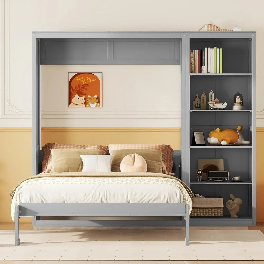Queen Size Murphy Bed, Wooden Wall Bed with Shelves, Gray