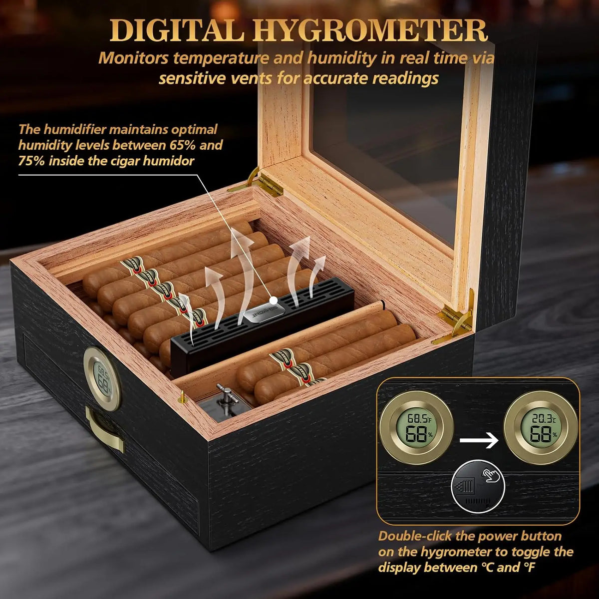 Cigar Humidor With Music Box, Cedar Tray And Digital Hygrometer