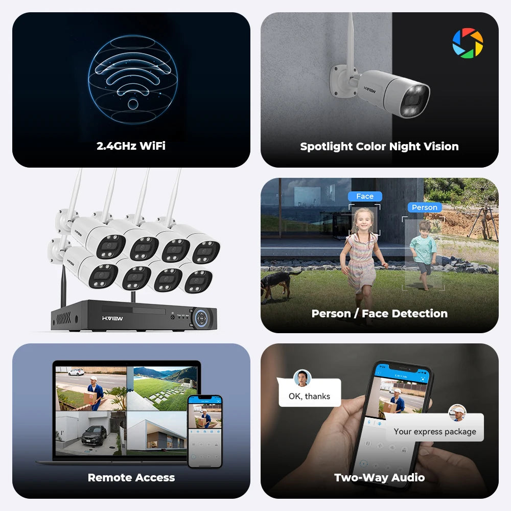 H.VIEW 8 Channel Wireless Security System With 3MP 5MP Cameras