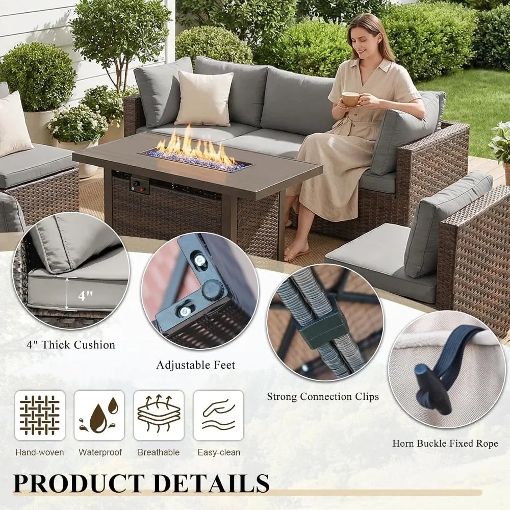 Outdoor Rattan Sectional Sofa Set With Fire Pit Table