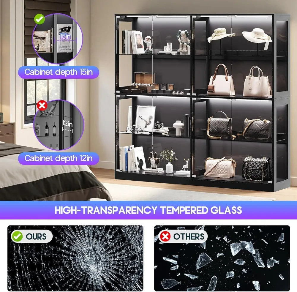 RGB Display Cabinet 4-Tier Glass Shelf LED Light Press-to-Open Door Black 70"H