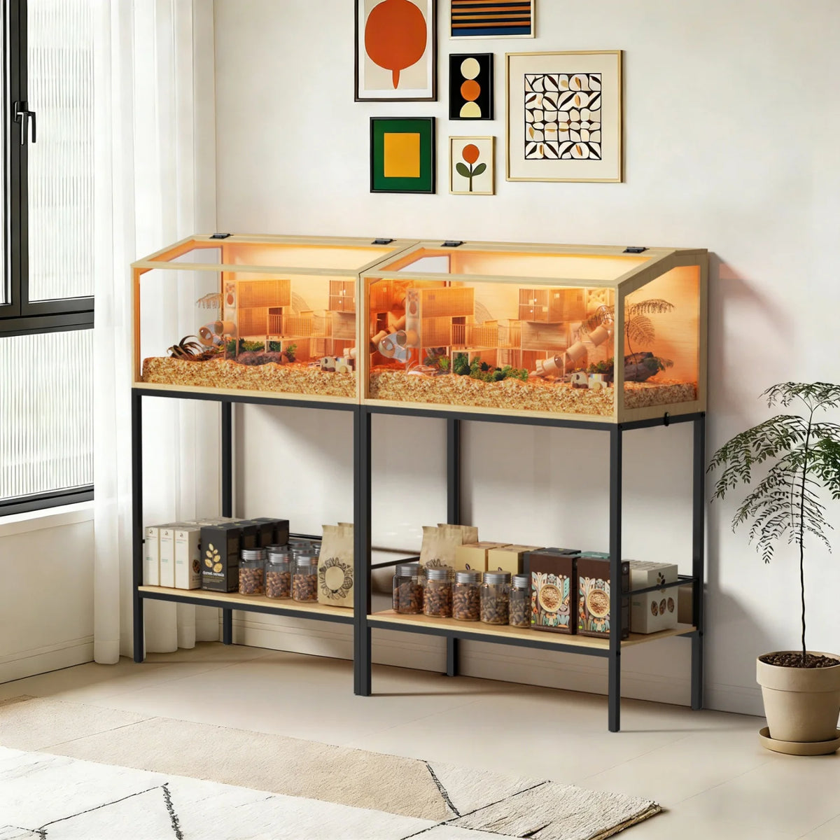 80x39x116cm Wooden Hamster Cage Built-in LED Hamster Habitat with Storage Shelf Tempered Glass Panels for Small Pets Guinea Pigs