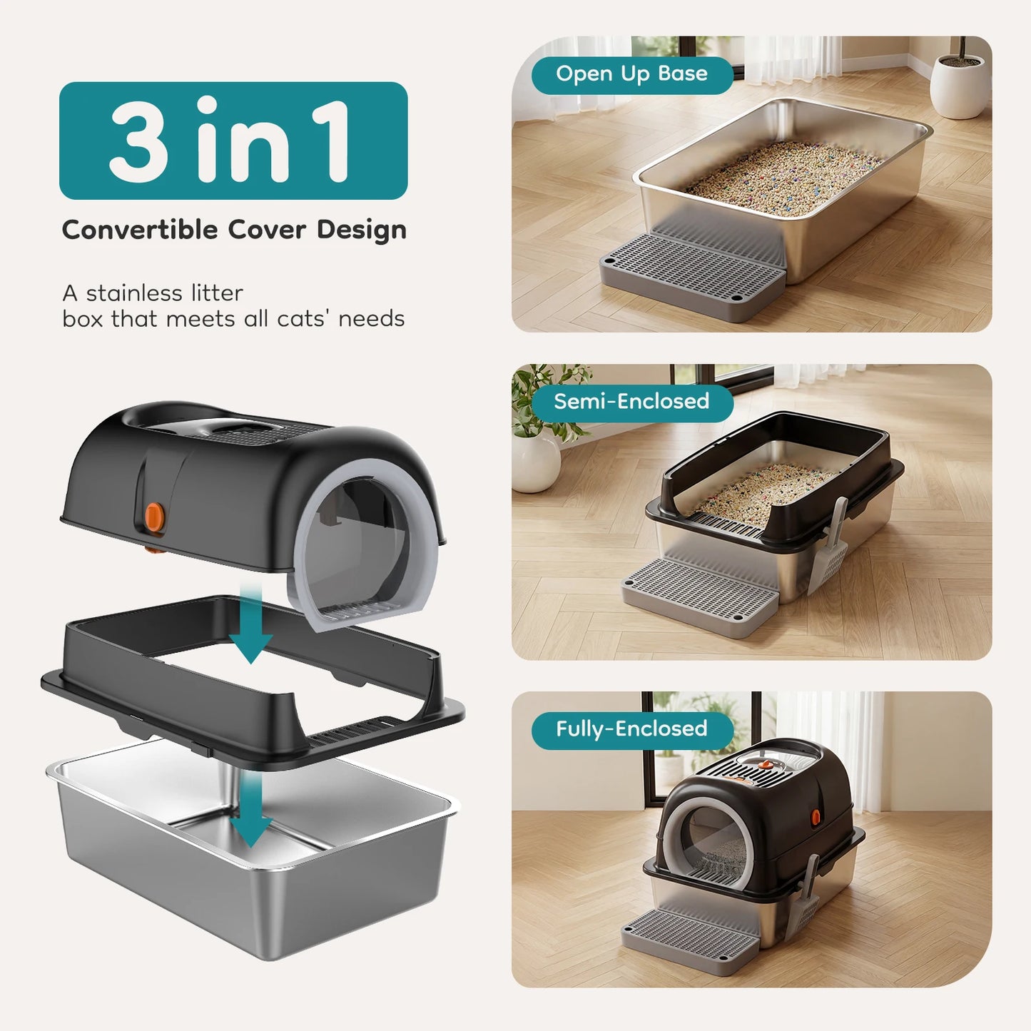 Stainless Steel Fully Enclosed Cat Litter Box With Safe Entry