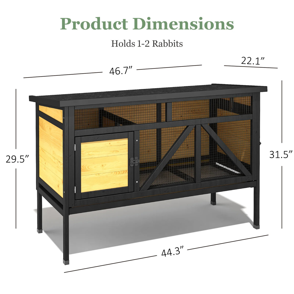 46.7" Rabbit Cage Indoor Outdoor, Elevated Wooden Bunny Hutch with Removable Tray, Waterproof Asphalt Roof & Bottom Wire Mesh for Small Animals