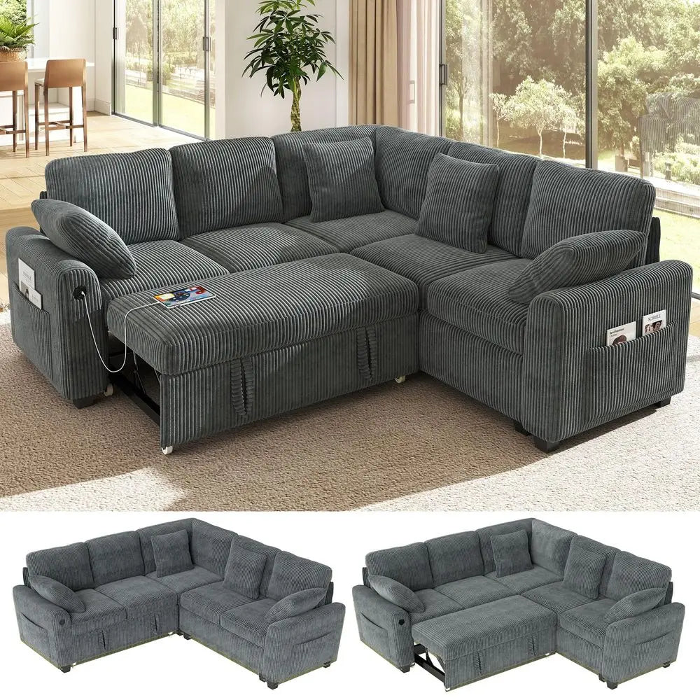 83inch 5Seater Large Sectional Sofa Bed with Storage, Corduroy Reversible Modular Sleeper Sofa with USB Port amp 4 Pillows, Con