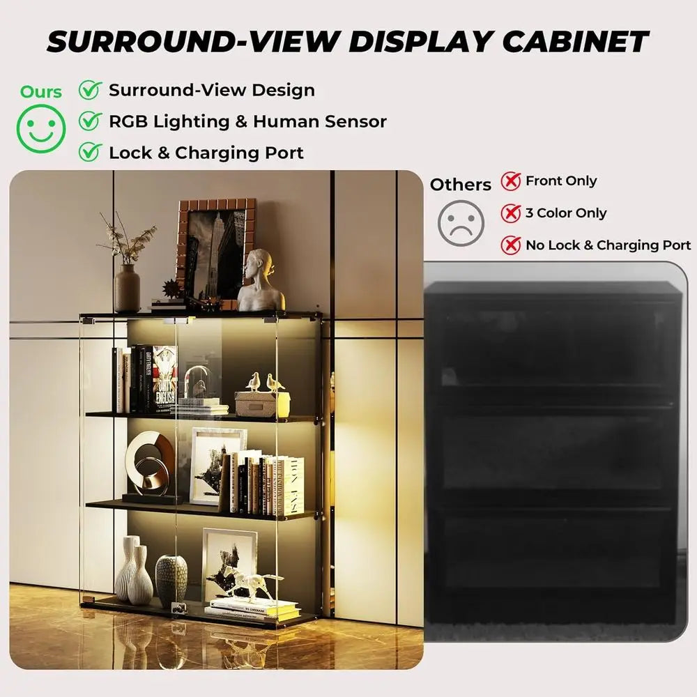 Illuminated 3-Tier Glass Display Cabinet with Lock, Sensor, and Charging Station for Collectibles in Black