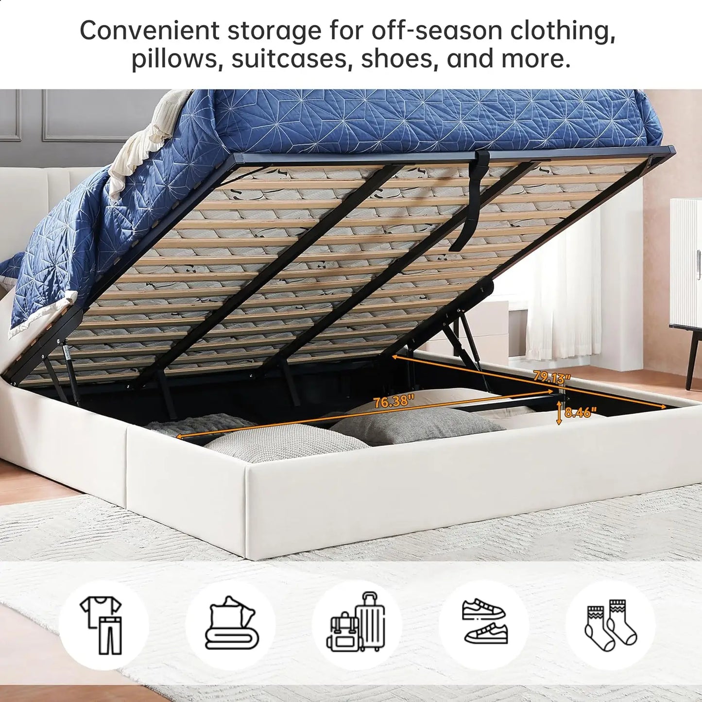 King Size Lift Up Storage Bed Frame, Hydraulic Platform Bed with 41.7" Upholstered Wingback Headboard, No Box, Customized