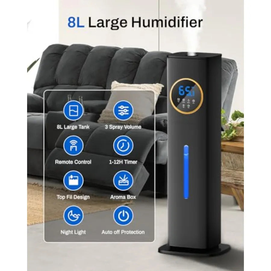 Large room bedroom humidifier with night light, 2.1Gal 8L top-fill cool mist humidifier for home, plants, baby, kids, adults; b