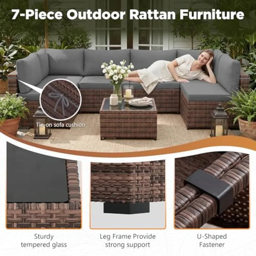 Outdoor patio furniture set: wicker rattan sectional sofa with coffee table and grey cushions, weather-resistant synthetic ratt