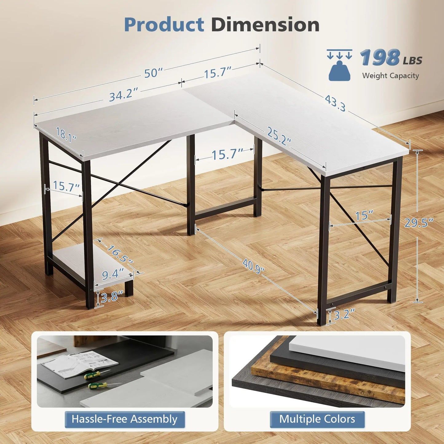 JHK 50 Inch L Shaped Desk Computer Gaming Desks Corner Office Table with CPU Shelf for Home Study Writing Work Station for Office