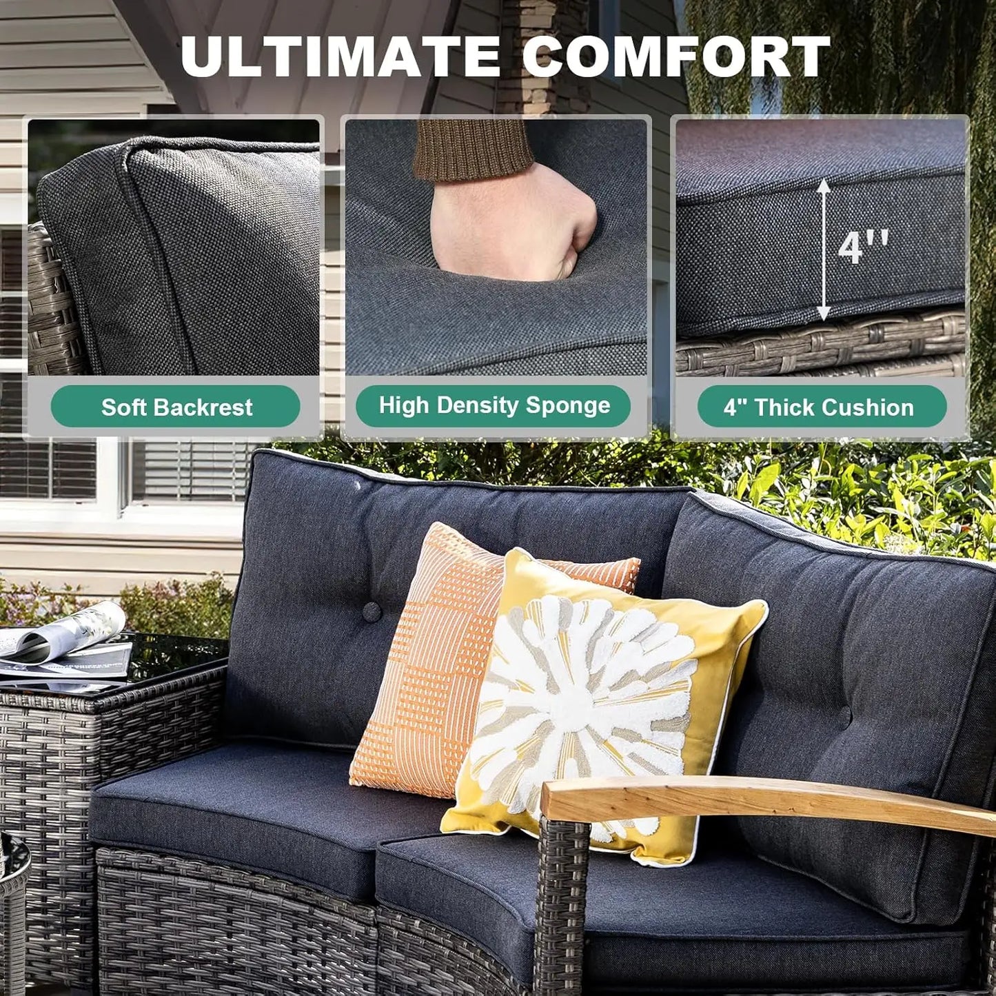 Curved Half Moon Outdoor Patio Sectional Sofa Set With Tables