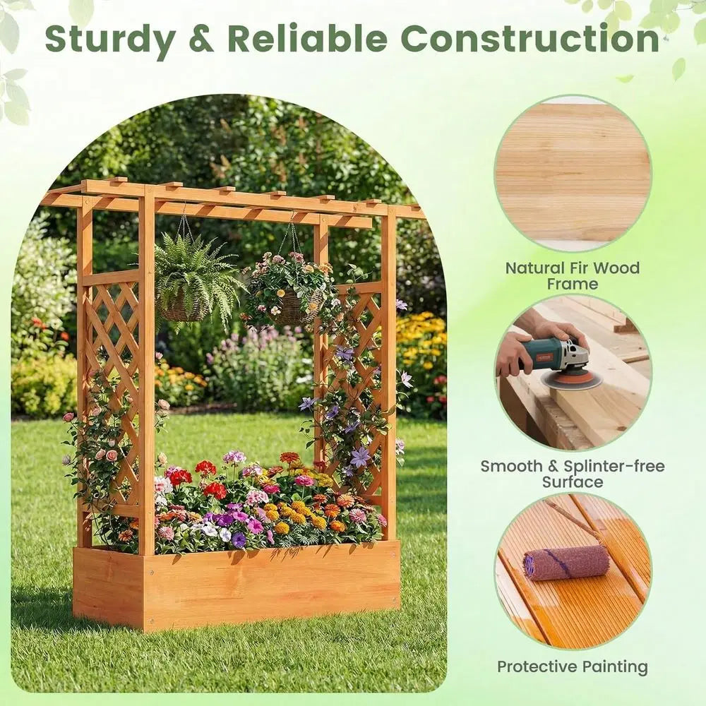Garden Bed With Trellis, Wood Planter Box W Trellis, Hanging Roof, Drainage Holes, Freestanding Planter Raised Bed For Outdoor