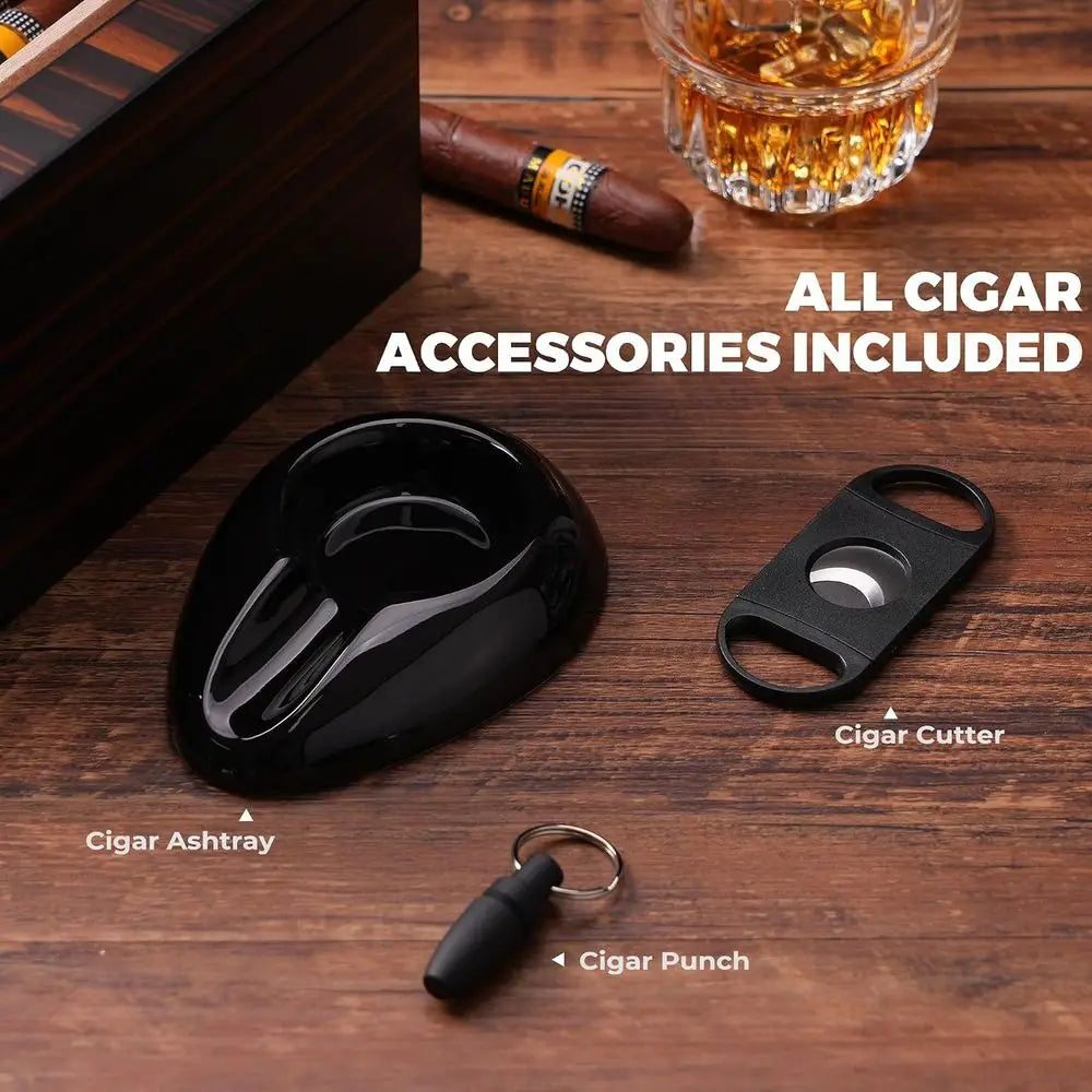 Cigar Box, Spanish Cigar, 50 Cigars, Desktop Glass Top with Hygrometer, Humidity, Accessory, Cigar Cutter, Ashtray, Punch, Divid