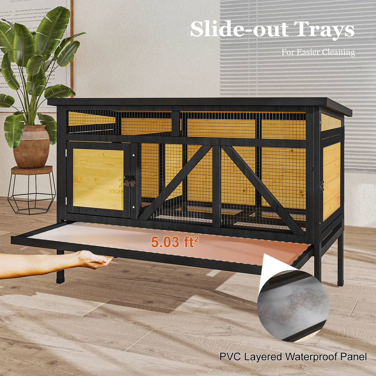 46.7" Rabbit Cage Indoor Outdoor, Elevated Wooden Bunny Hutch with Removable Tray, Waterproof Asphalt Roof & Bottom Wire Mesh for Small Animals