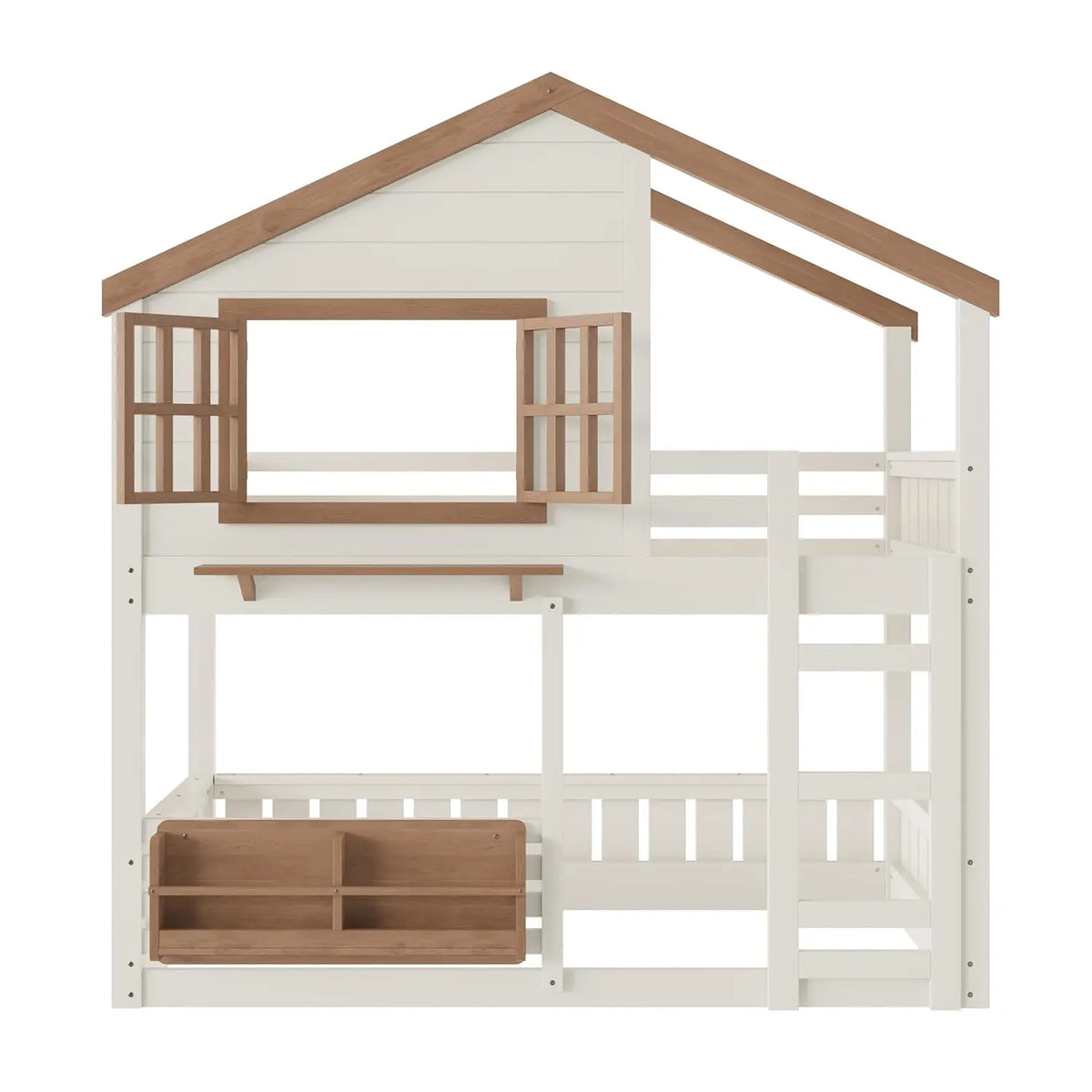 Twin House Bunk Bed Window Roof Bookshelf Wood Frame Ladder Guardrail Kids Playhouse Space Saver, Customized