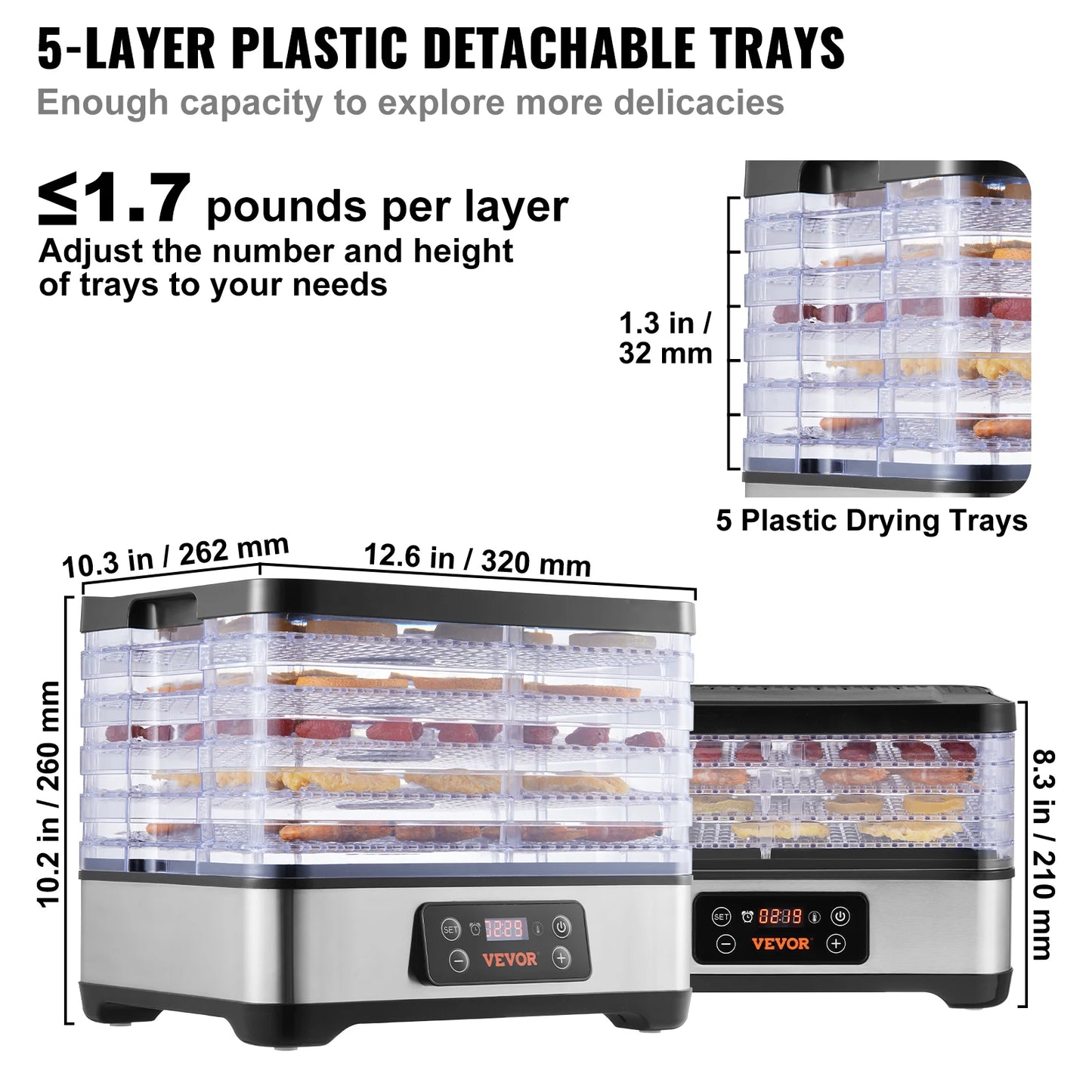 Vevor 5 Tray Food Dehydrator With Digital Temperature Controls