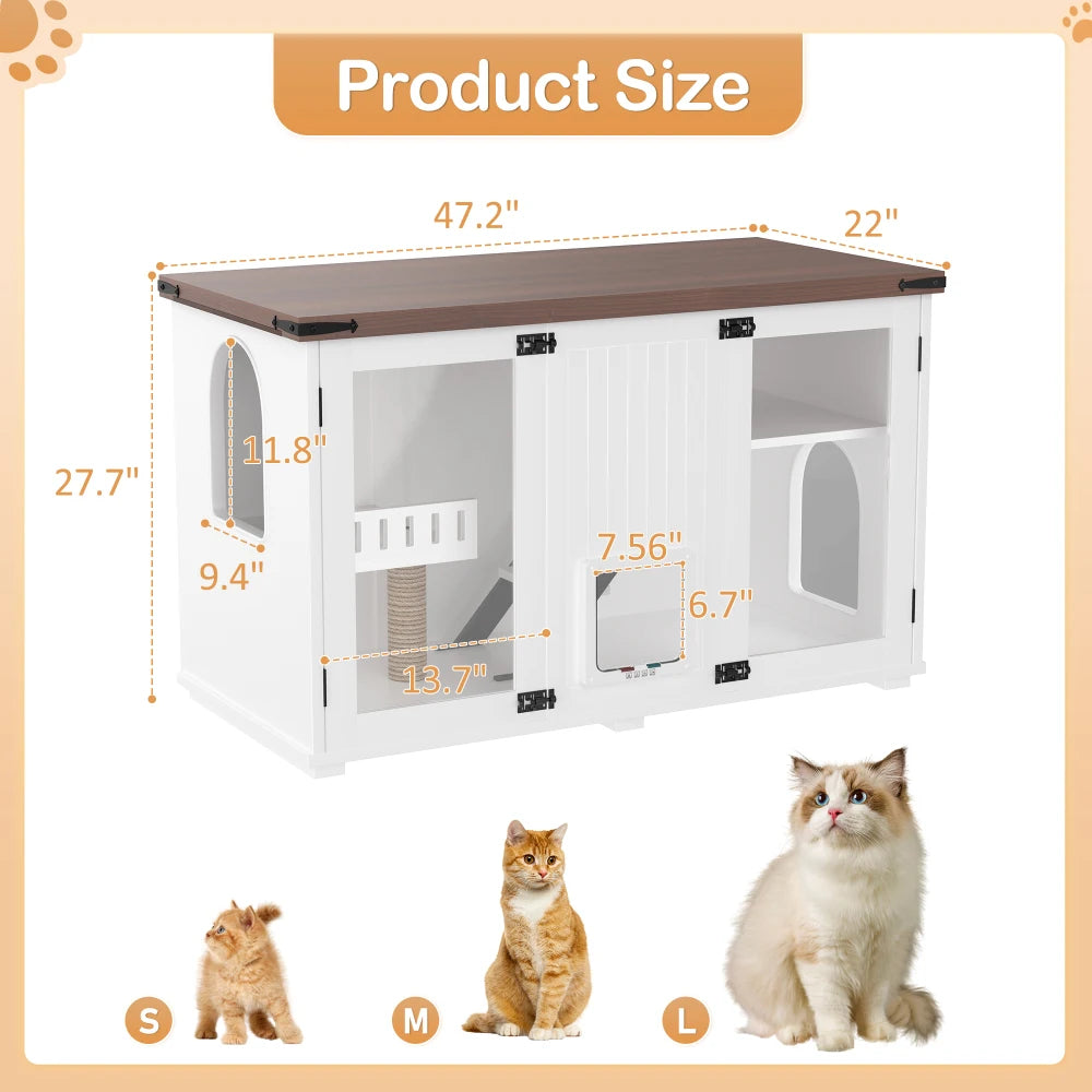 Large Cat Litter Box Enclosure with LED Light, Hidden Litter Box Furniture, Cat House with Stairs and Cat Scratching Post