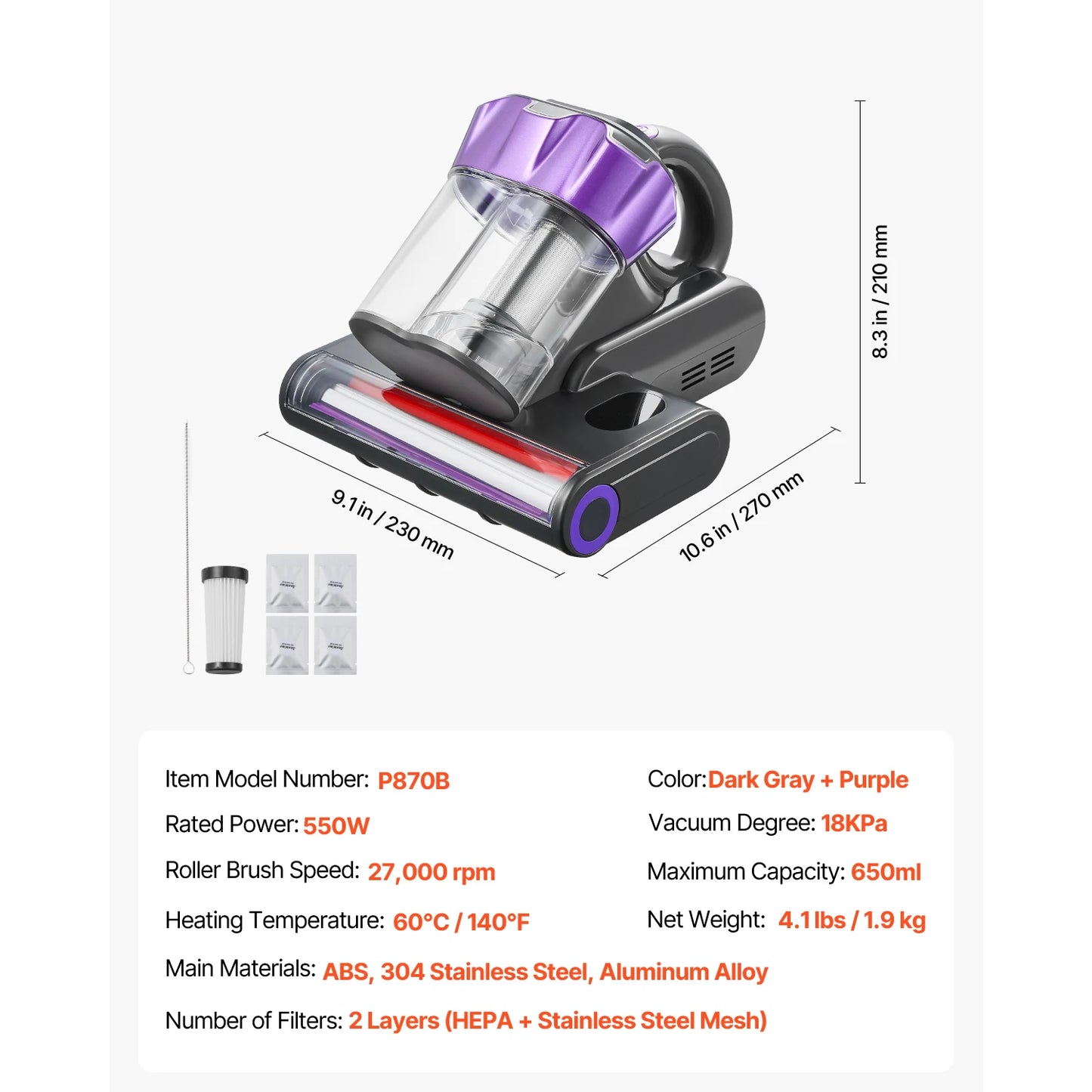 Mattress Vacuum Cleaner 18KPa Suction Dual Dust Bin HEPA Filter