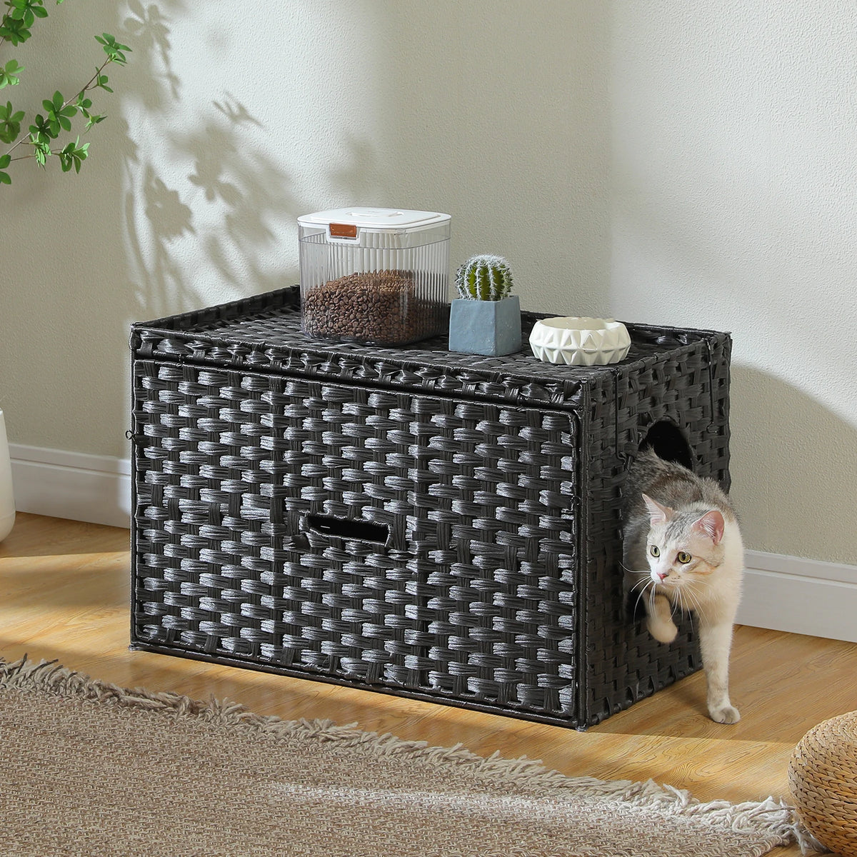 PEQULTI Rattan Cat Litter Box Enclosure With Flip Up Design