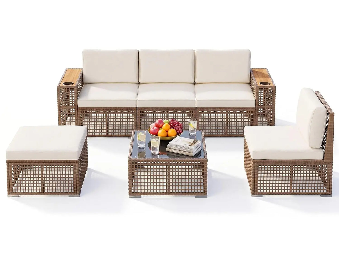 Outdoor Rattan Patio Sectional Sofa With Glass Coffee Table