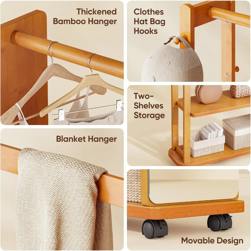 Bamboo Coat Rack, Mirror Coat Tree Stand with Shelves and Hooks, Freestanding Clothes Coat Hanger Stand, Bedroom/Living Room/Ent