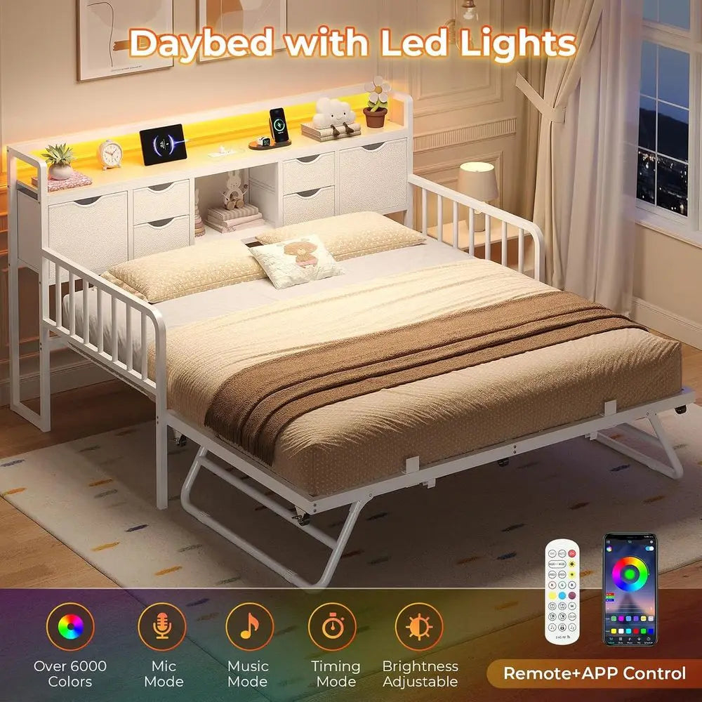 Twin Daybed with Trundle, Storage Drawer & Charging Station, Adjustable Metal Frame, Versatile for Living Spaces, White
