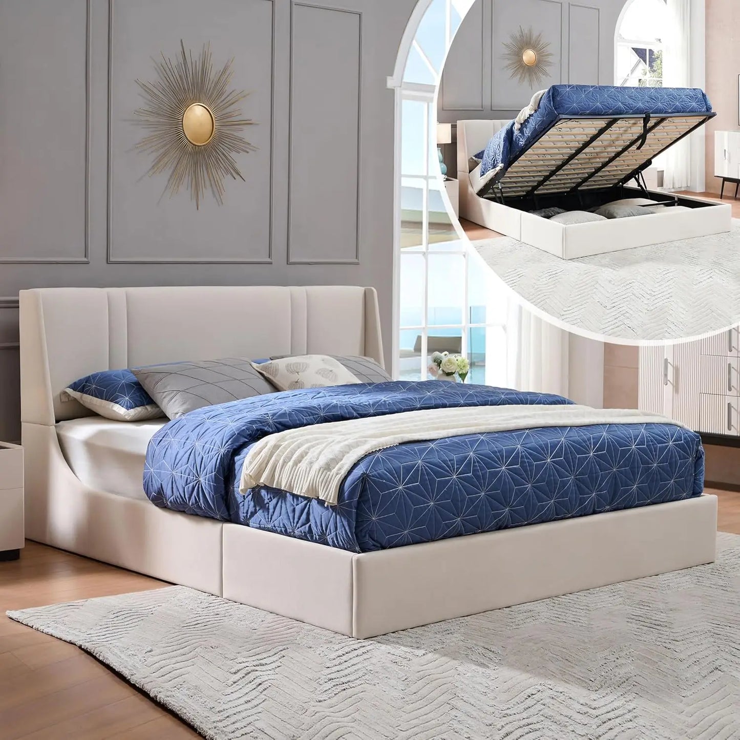 King Size Lift Up Storage Bed Frame, Hydraulic Platform Bed with 41.7" Upholstered Wingback Headboard, No Box, Customized