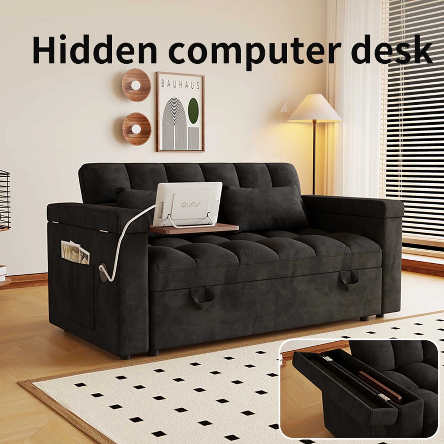 Adjustable Foldable Sofa Bed With USB Port And Storage Armrests